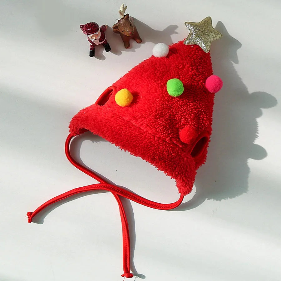 Pet wearing the pompom-style Christmas hat in red