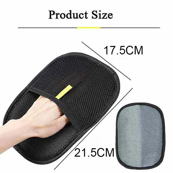 Black mesh pet hair removal mitt with a hand pocket and grey back pad, about 17.5 x 21.5 cm