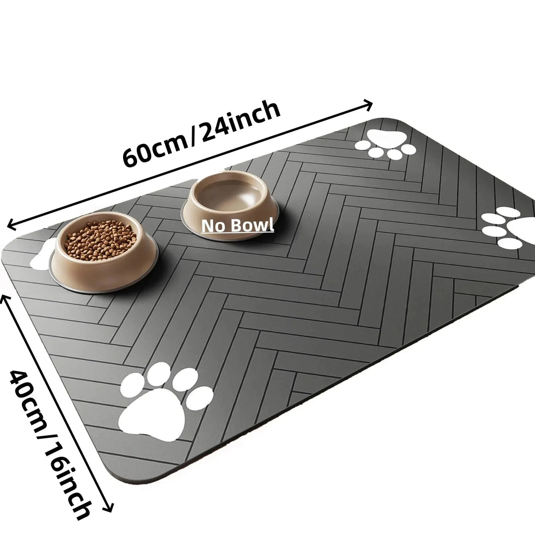 Black absorbent pet feeding mat with food and water bowls on a wooden floor