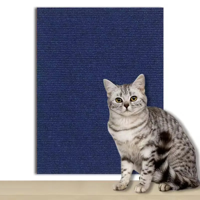 Dark blue cat scratch mat with a tabby cat in front