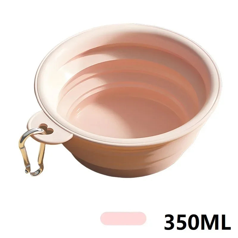Pink collapsible silicone dog bowl with carabiner clip