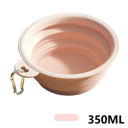 Pink collapsible silicone dog bowl with carabiner clip