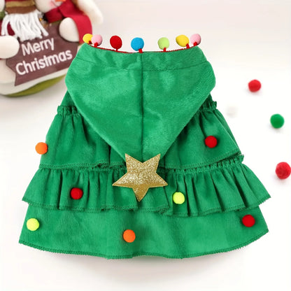 Pet wearing the Christmas tree cape for cats and small dogs