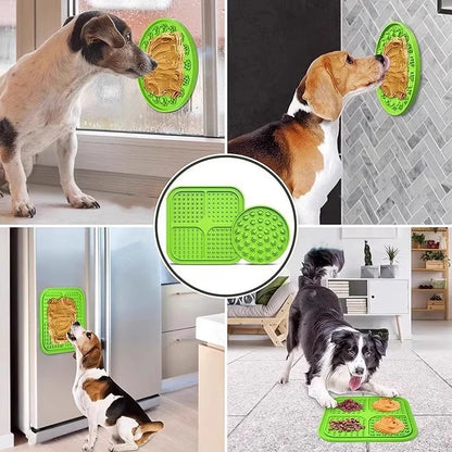 Dogs licking green lick mats stuck to a fridge, a tile wall and the floor
