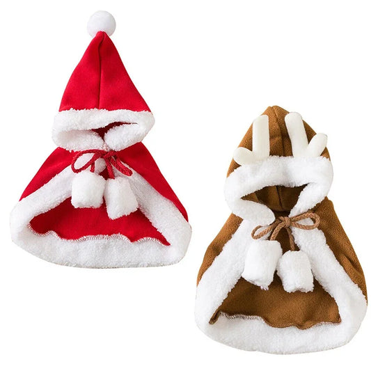 Pet wearing a Santa or reindeer hooded Christmas cape with Velcro neck closure