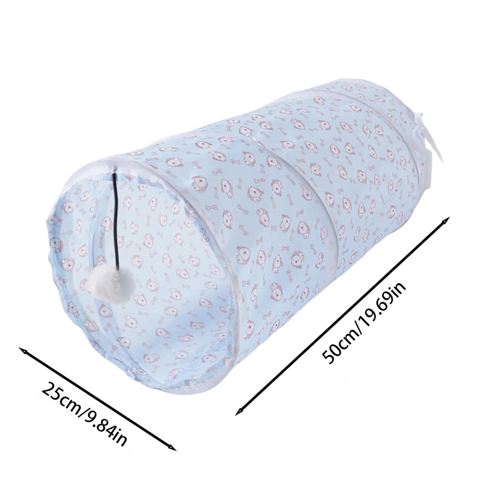 Cat peeking out of the light blue short foldable cat tunnel with dangling ball toy