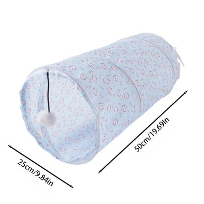 Cat peeking out of the light blue short foldable cat tunnel with dangling ball toy