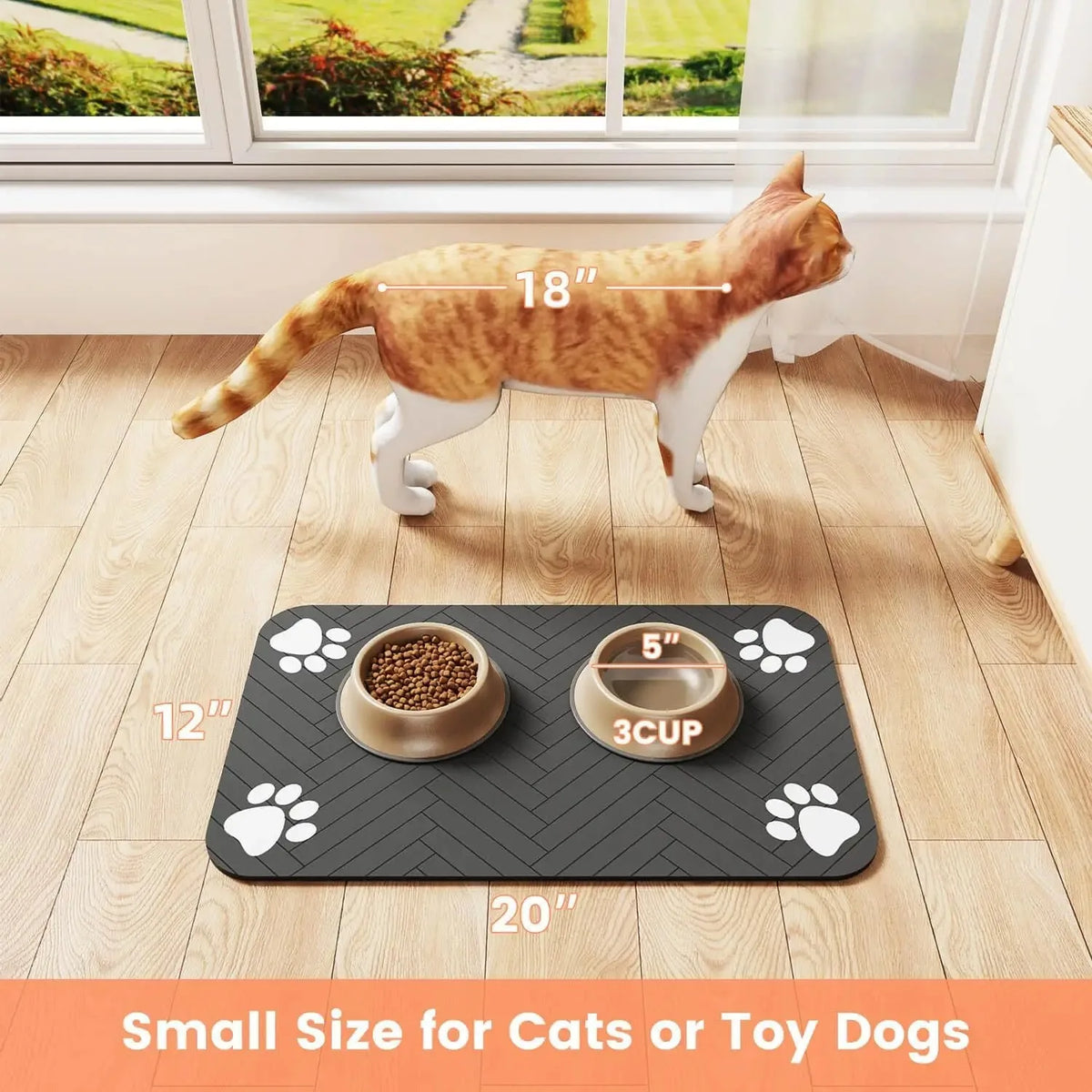Cat walking next to a small pet feeding mat with two bowls