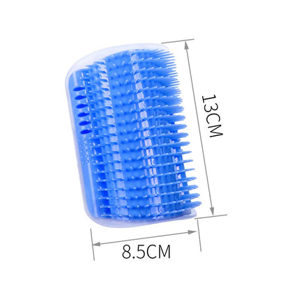 Blue cat corner self-groomer brush on a wall corner with a cat rubbing its cheek on it