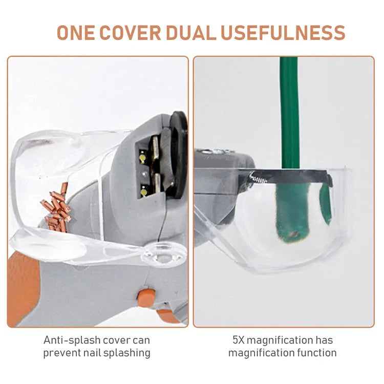 Clear cover on the nail clipper catches clippings and magnifies the nail