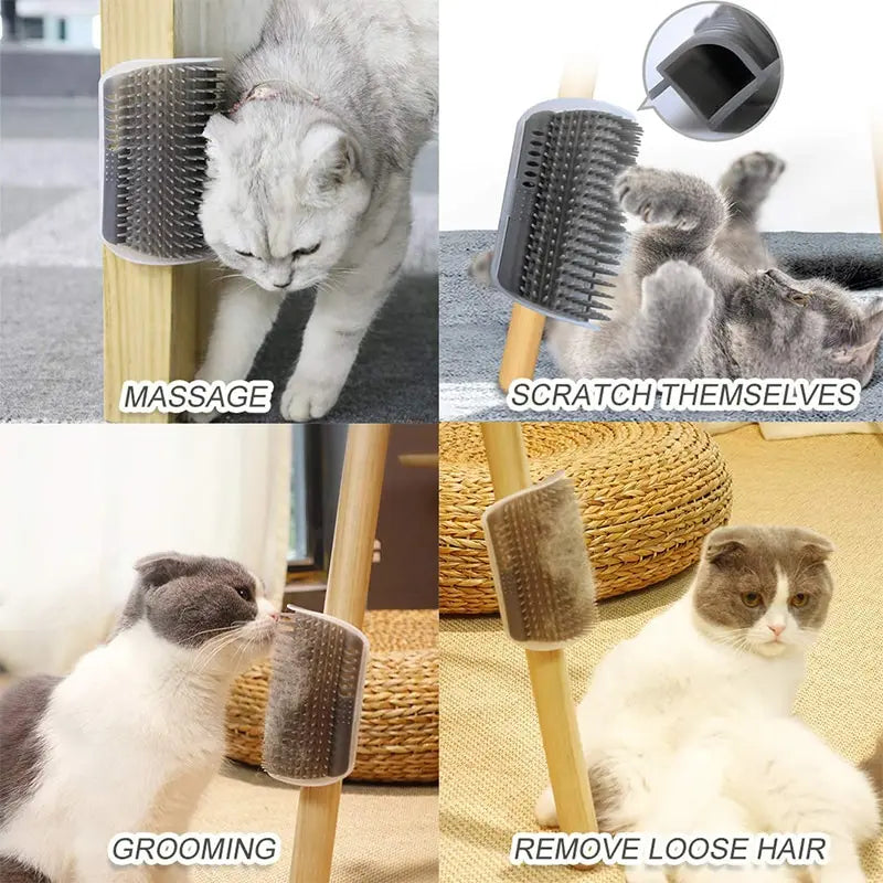 Cat corner self-groomer brush on a wall corner with a cat rubbing its cheek on it