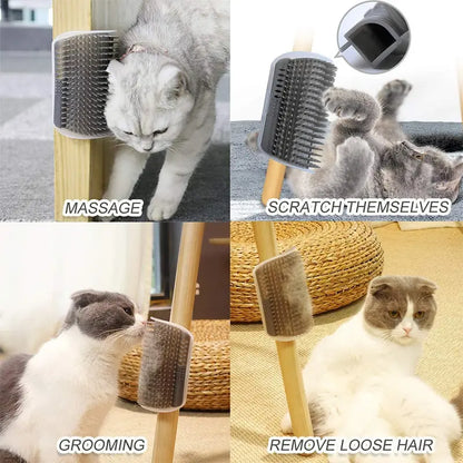 Cat corner self-groomer brush on a wall corner with a cat rubbing its cheek on it