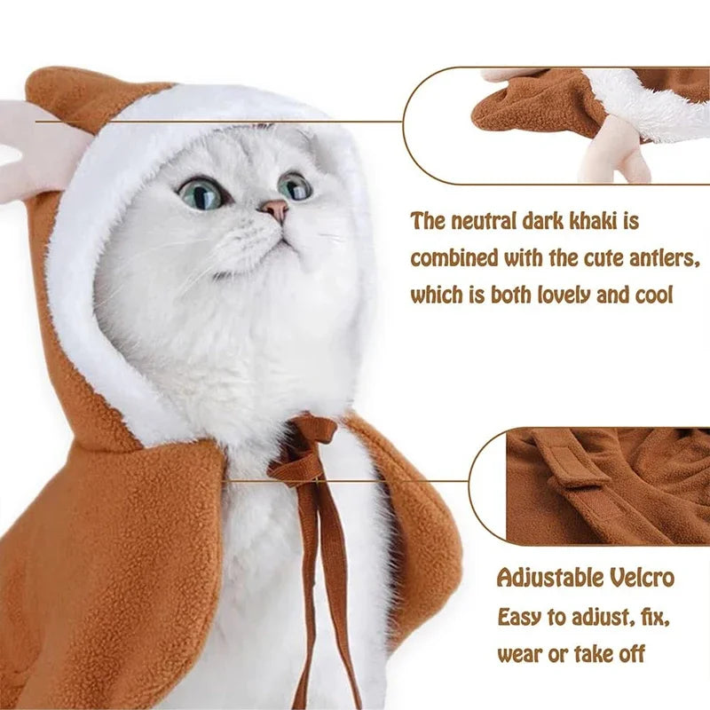 Pet wearing a Santa or reindeer hooded Christmas cape with Velcro neck closure