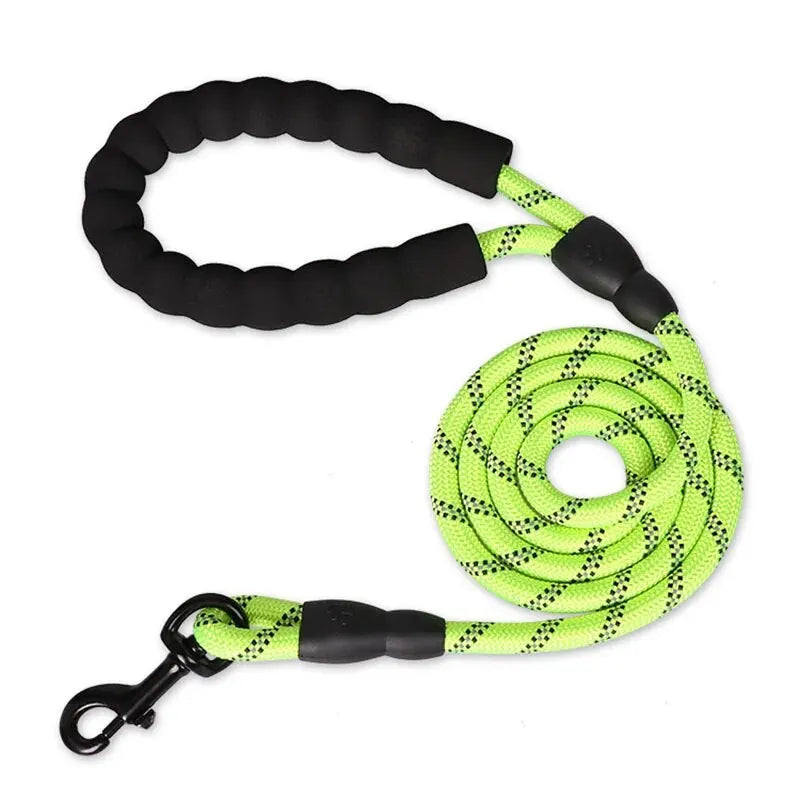 Green reflective rope dog leash with black padded handle and metal clip