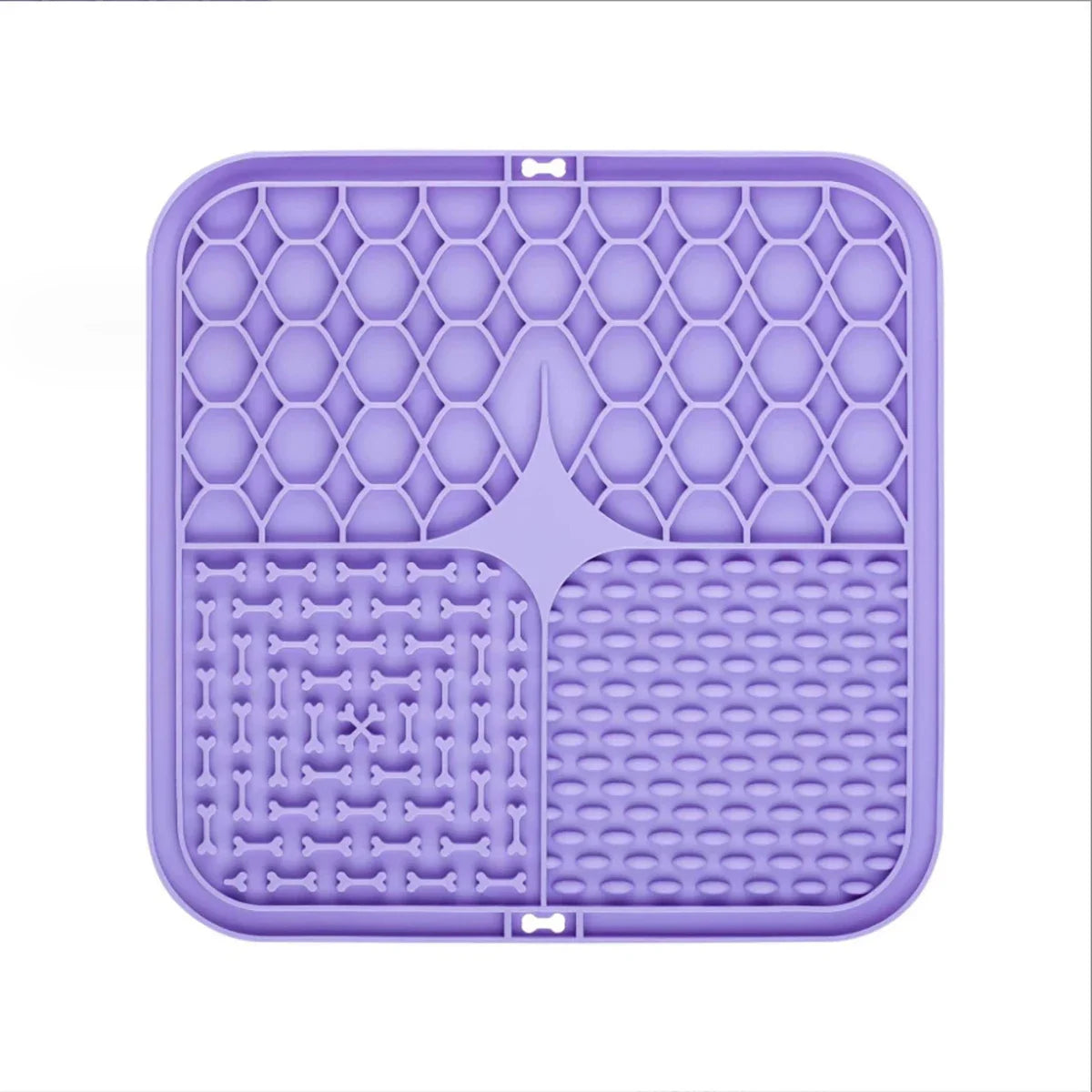 Purple silicone lick mat with four textured sections