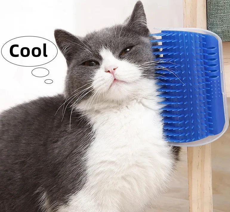 Cat corner self-groomer brush on a wall corner with a cat rubbing its cheek on it