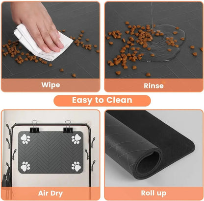 Pet feeding mat being wiped, rinsed, air dried and rolled up