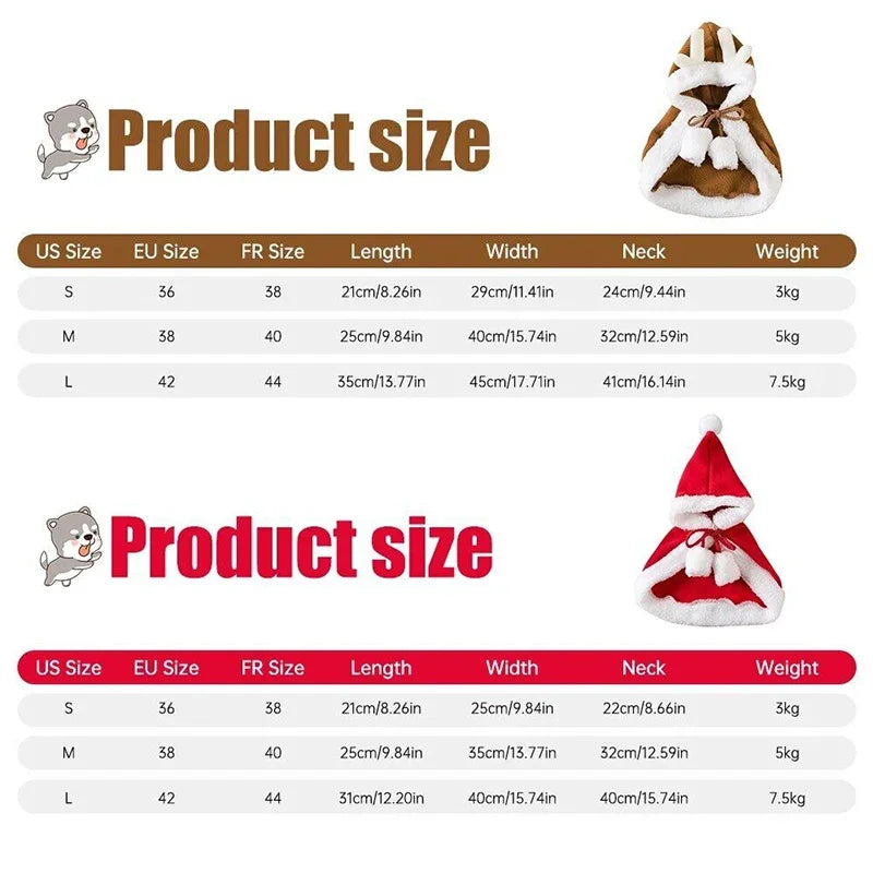 Pet wearing a Santa or reindeer hooded Christmas cape with Velcro neck closure