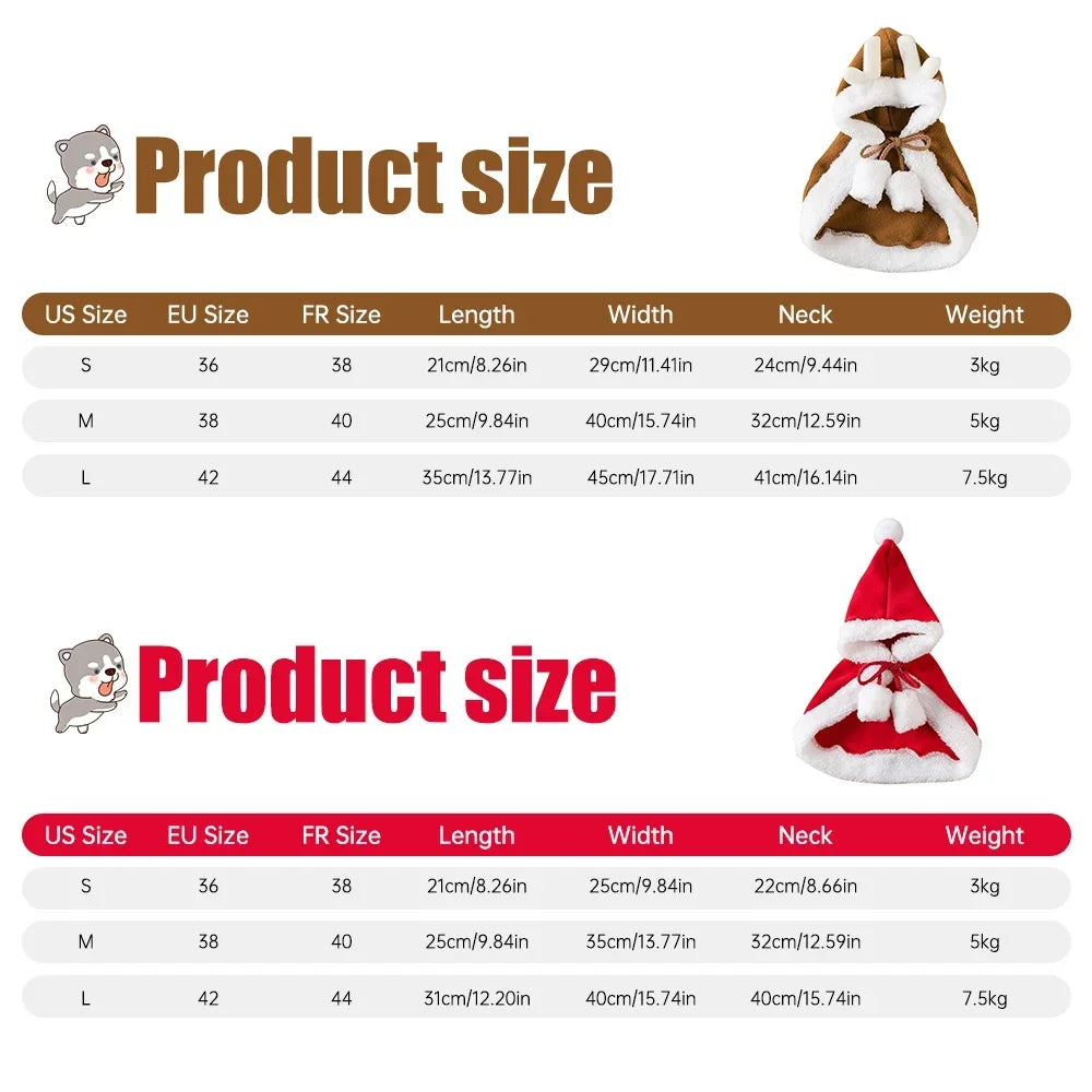 Pet wearing a Santa or reindeer hooded Christmas cape with Velcro neck closure