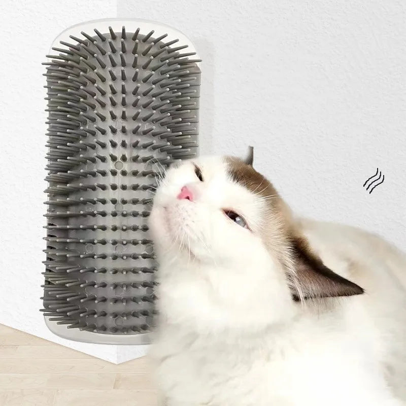 Cat corner self-groomer brush on a wall corner with a cat rubbing its cheek on it