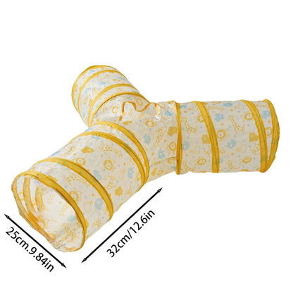 Cat peeking out of the yellow Y-shape foldable cat tunnel with dangling ball toy