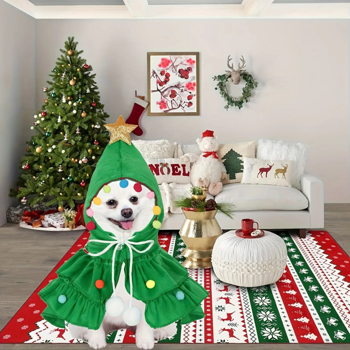 Pet wearing the Christmas tree cape for cats and small dogs