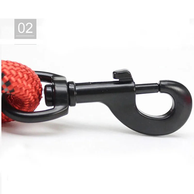 Close-up of the metal snap clip on the rope leash