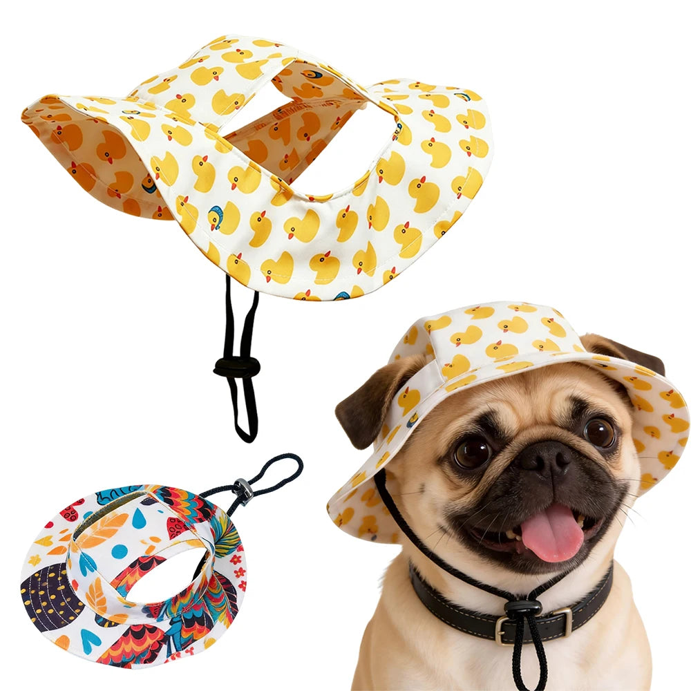 Pug wearing an adjustable printed dog hat
