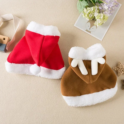 Pet wearing a Santa or reindeer hooded Christmas cape with Velcro neck closure