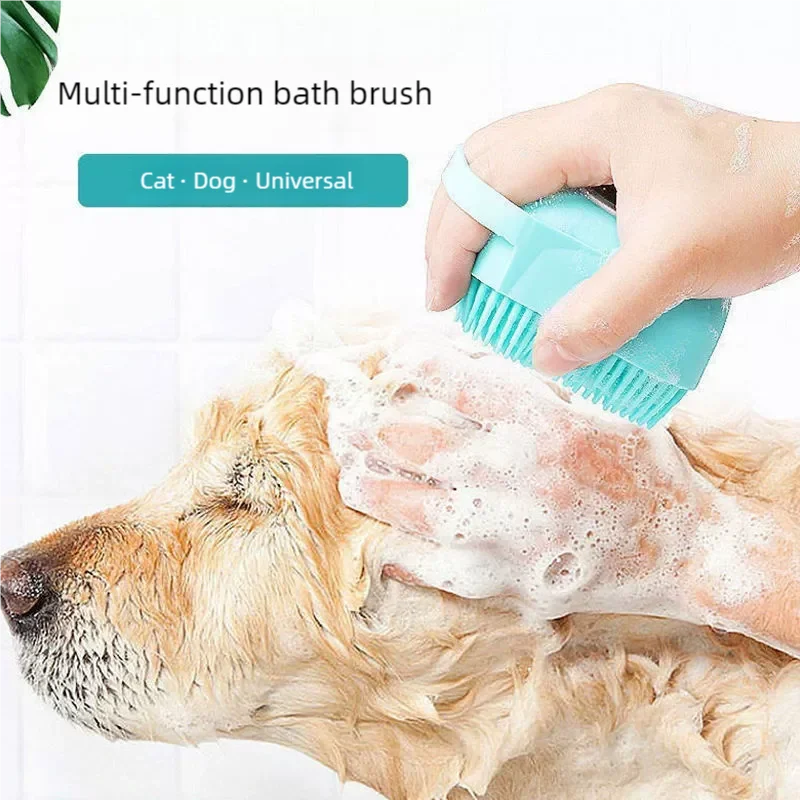 Hand using a silicone bath brush to lather shampoo on a dog's back