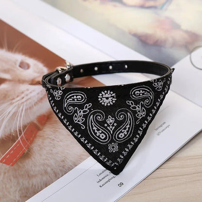 Dog wearing a buckle collar with an attached paisley bandana scarf