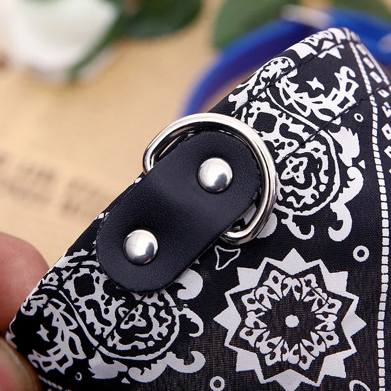Dog wearing a buckle collar with an attached paisley bandana scarf