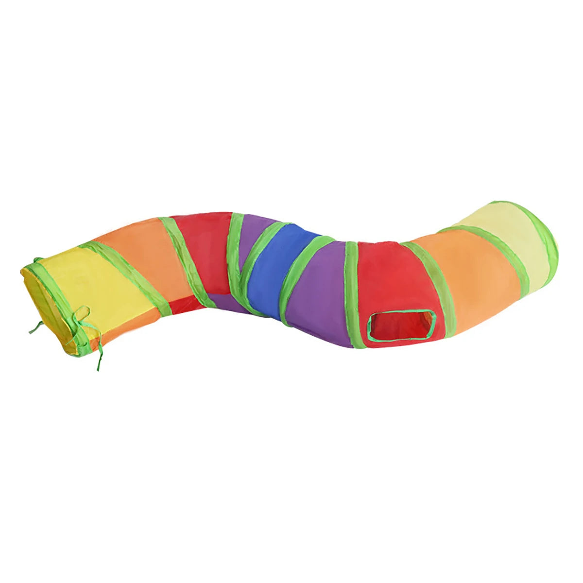 Cat peeking out of a foldable cat tunnel with dangling ball toy