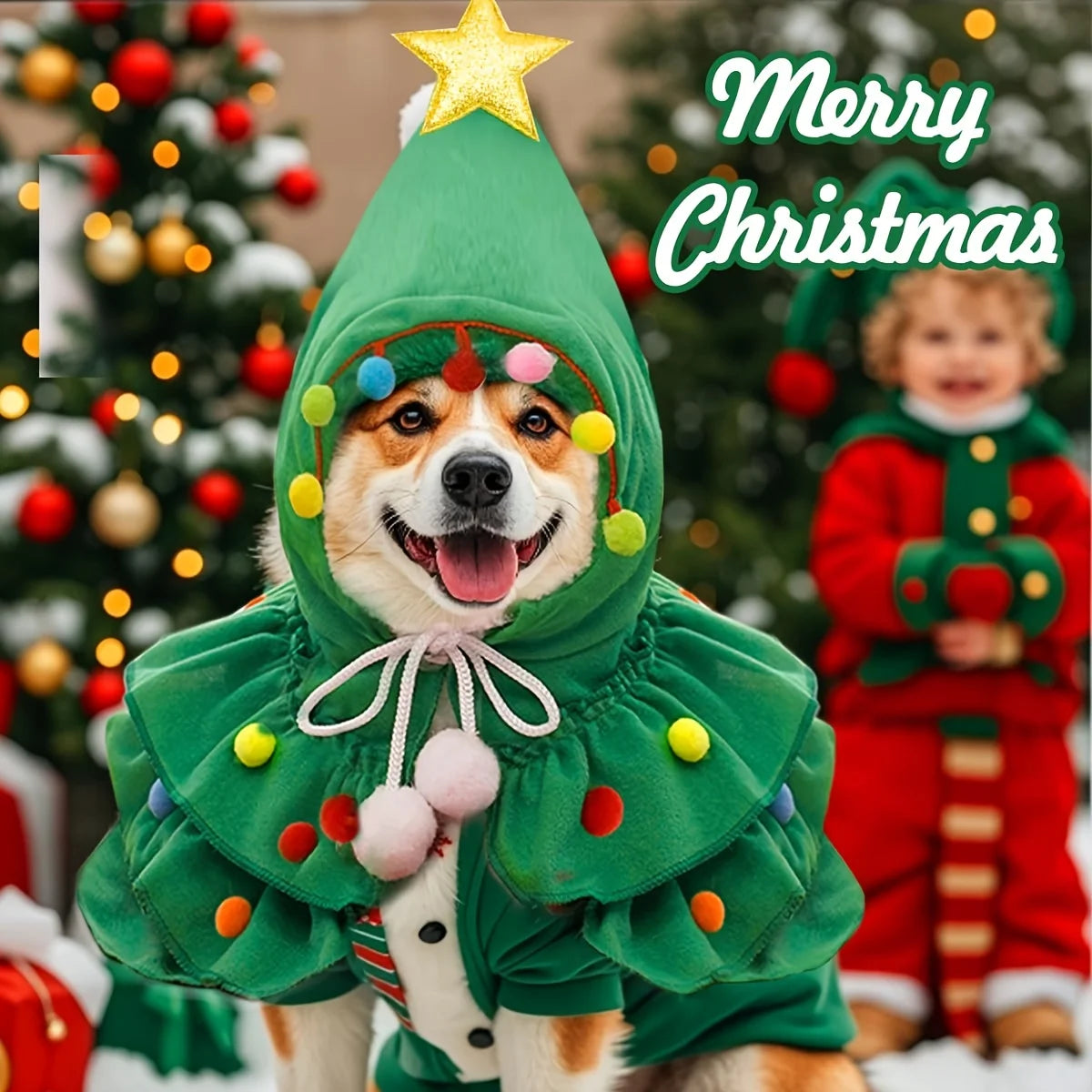 Pet wearing the Christmas tree cape for cats and small dogs