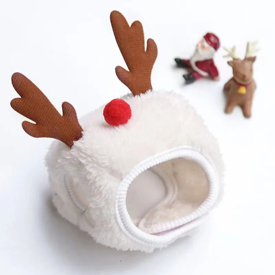Pet wearing the antler-style Christmas hat in white