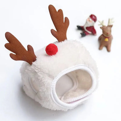 Pet wearing the antler-style Christmas hat in white