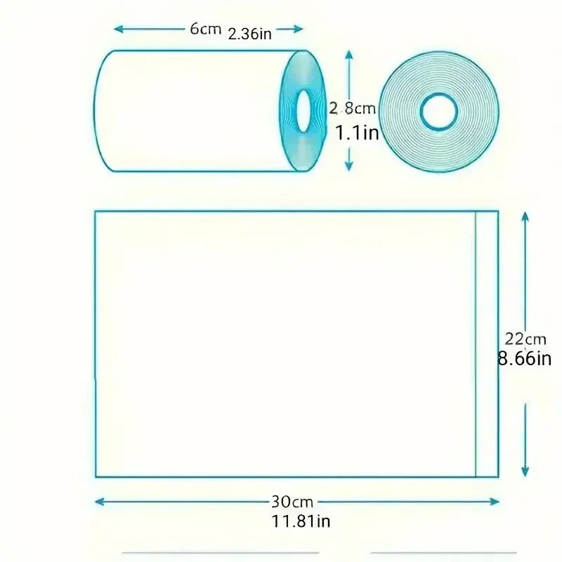 Poop bag sizes: roll 6 cm long and 2.8 cm across, bag 22 x 30 cm