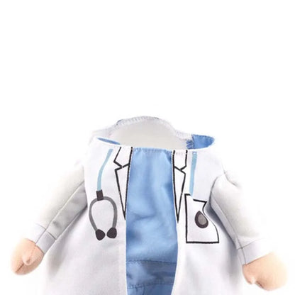 Dog doctor costume: white coat with little arms over blue scrubs