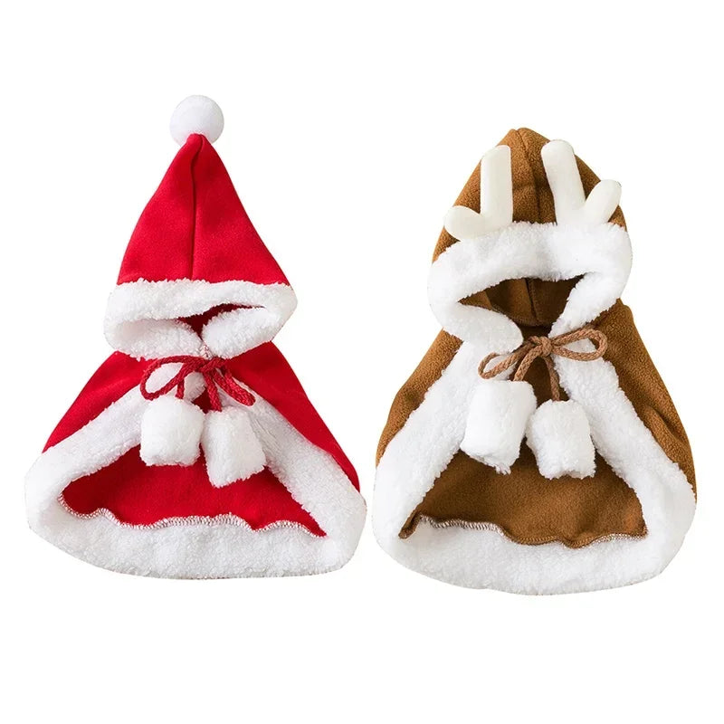 Pet wearing a Santa or reindeer hooded Christmas cape with Velcro neck closure