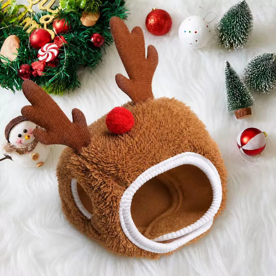 Pet wearing the antler-style Christmas hat in brown