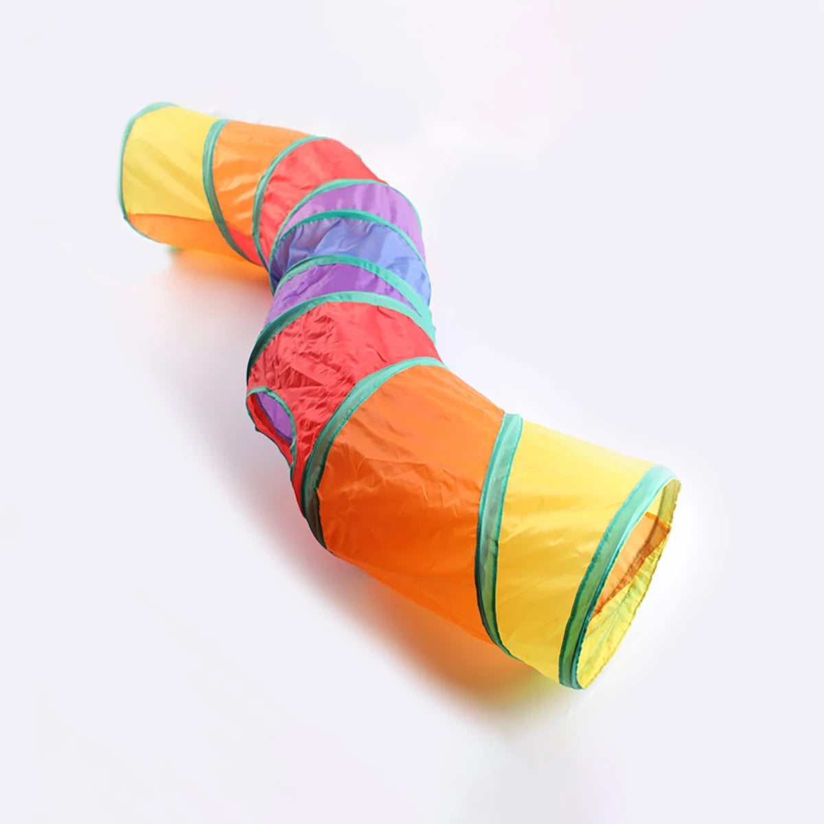 Cat peeking out of a foldable cat tunnel with dangling ball toy