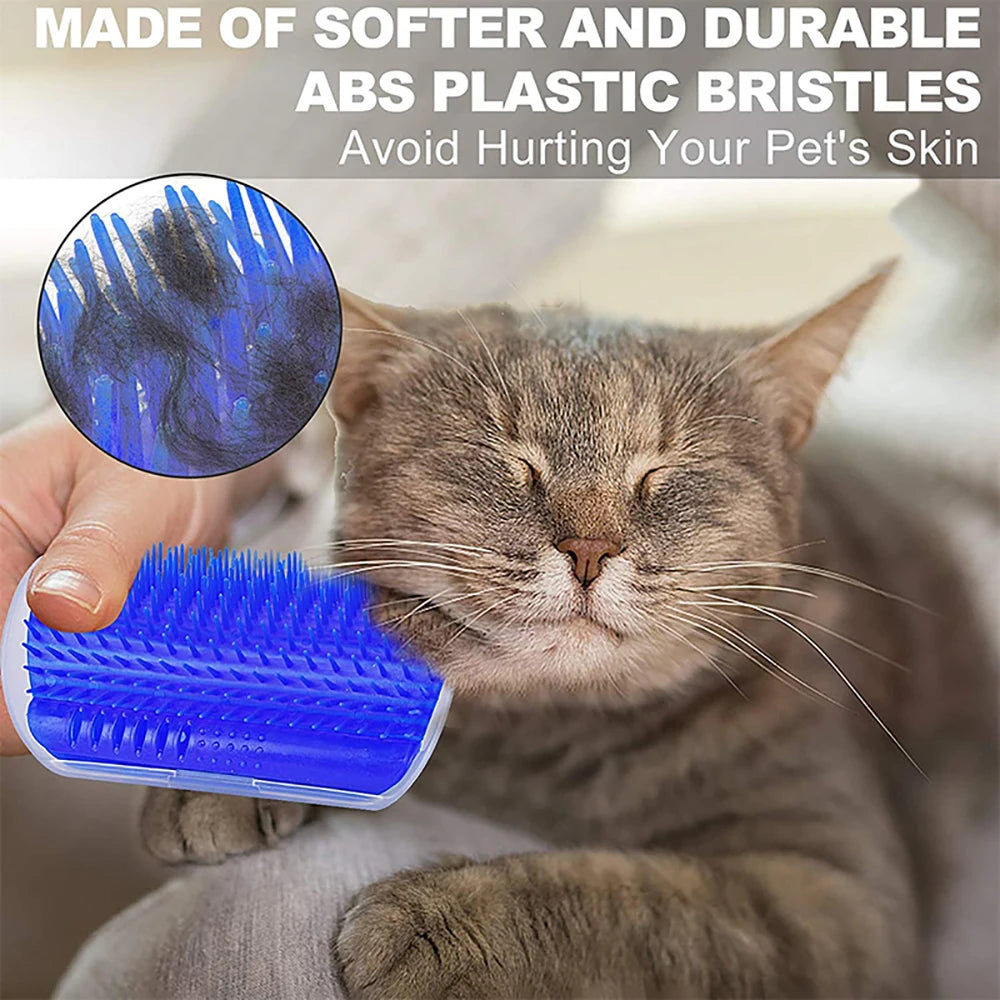 Cat corner self-groomer brush on a wall corner with a cat rubbing its cheek on it