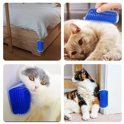 Cat corner self-groomer brush on a wall corner with a cat rubbing its cheek on it