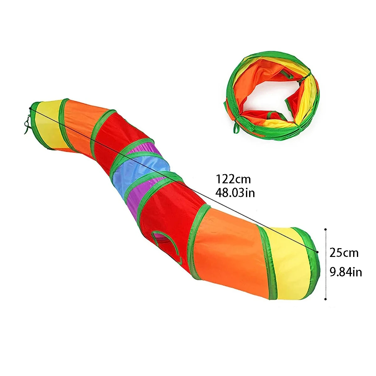 Cat peeking out of the rainbow S-curve foldable cat tunnel with dangling ball toy