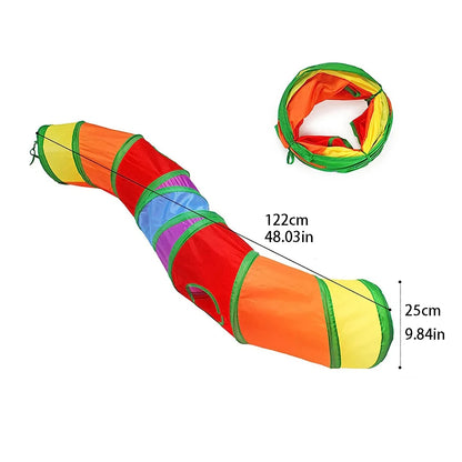 Cat peeking out of the rainbow S-curve foldable cat tunnel with dangling ball toy