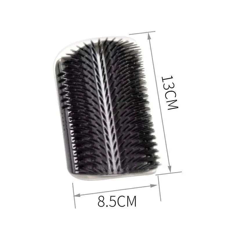 Black cat corner self-groomer brush on a wall corner with a cat rubbing its cheek on it