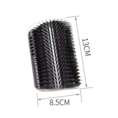 Black cat corner self-groomer brush on a wall corner with a cat rubbing its cheek on it