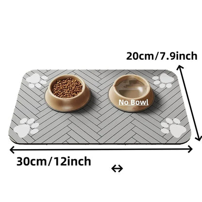 Small grey absorbent pet feeding mat, about 20 x 30 cm, with two bowls