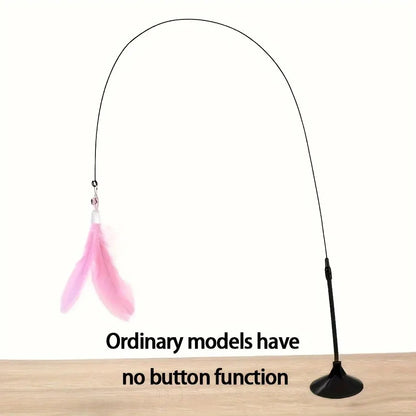 Spring wire cat wand with pink feather lure standing on a suction-cup base