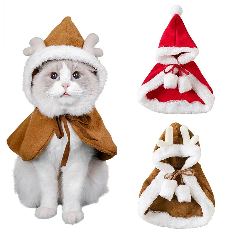 Pet wearing a Santa or reindeer hooded Christmas cape with Velcro neck closure